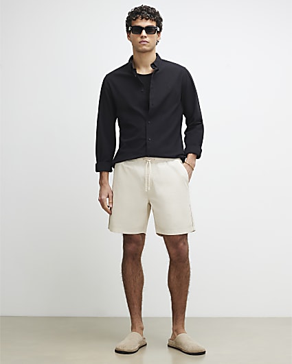 Beige Cotton Regular Stretch Textured Shorts