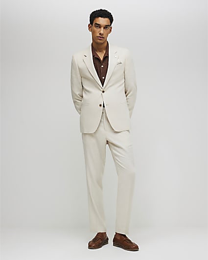 Cream Slim Fit Linen Blend Suit Trousers