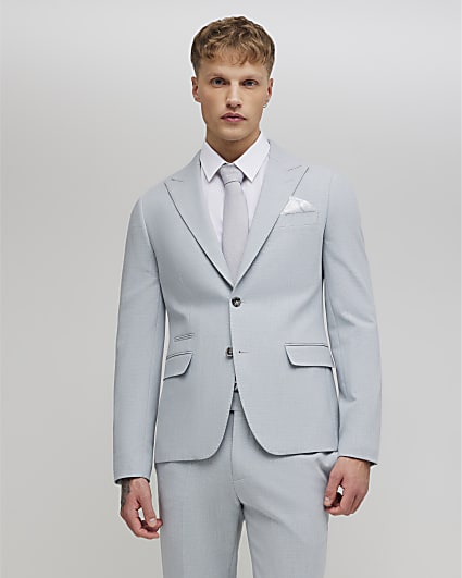 Blue Skinny Fit Micro Check Suit Jacket