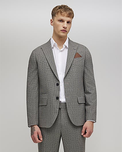 Grey Slim Fit Check Suit Jacket