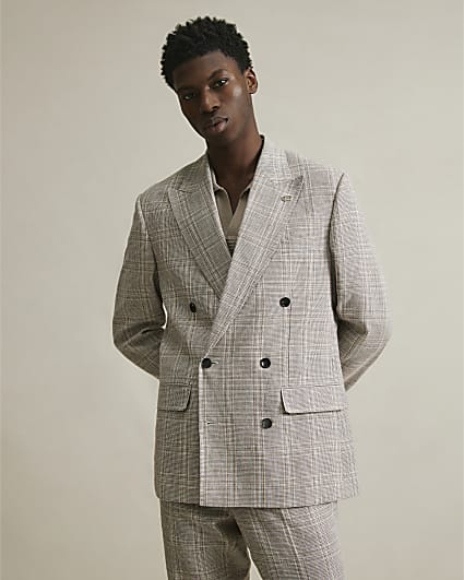 Beige Slim Fit Linen Blend Check Jacket