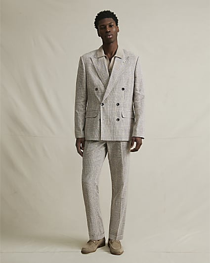 Beige Slim Fit Linen Blend Check Trousers