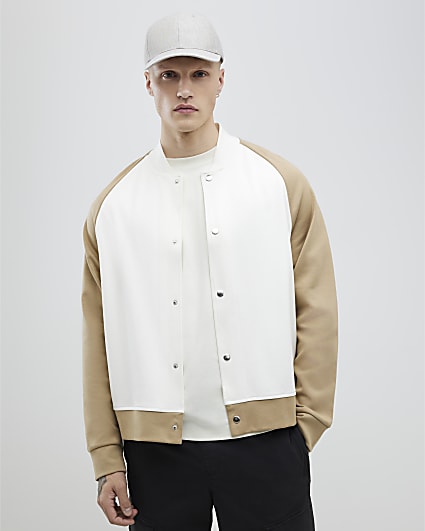 Cream Regular Fit Colour Block Bomber Jacket