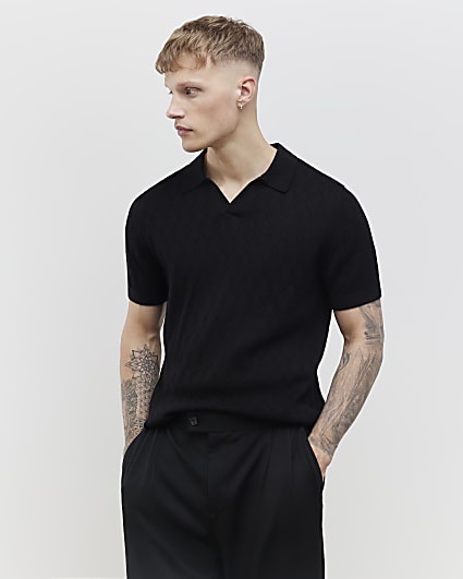 Black Slim Fit Open Collar Shirt