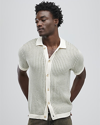 Green Slim Fit Button Up Stripe Shirt