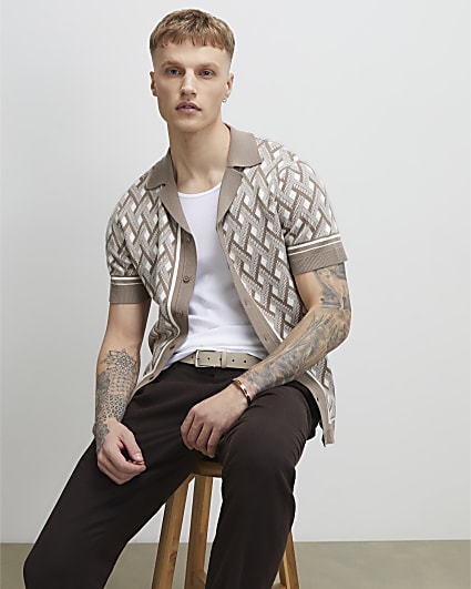 Beige Geometric Knitted Short Sleeve Shirt