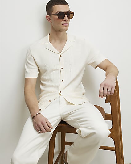 Cream Slim Fit Short Sleeve Knitted Shirt