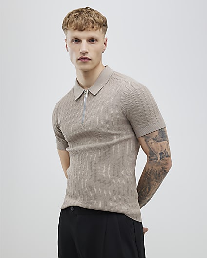 Beige Muscle Fit Rib Polo Shirt