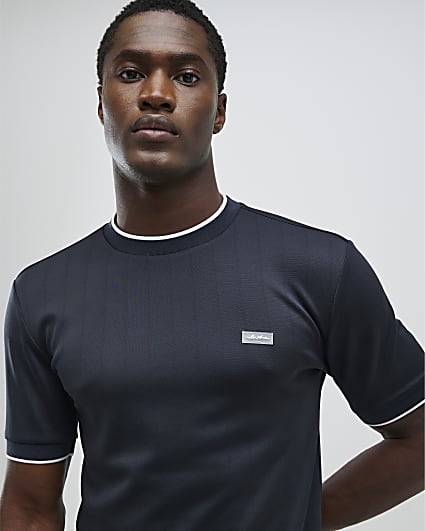 Navy Muscle Fit Les Amis Stripe T-Shirt