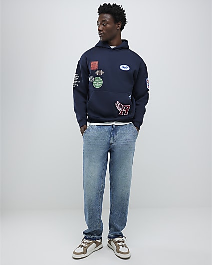 Blue Loose Fit Embroidered Pocket Jeans