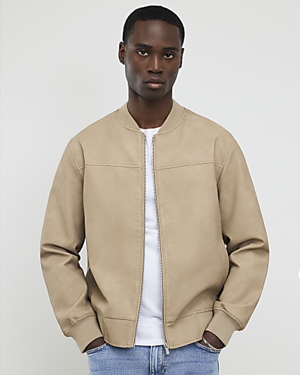 Beige Faux Leather Bomber Jacket