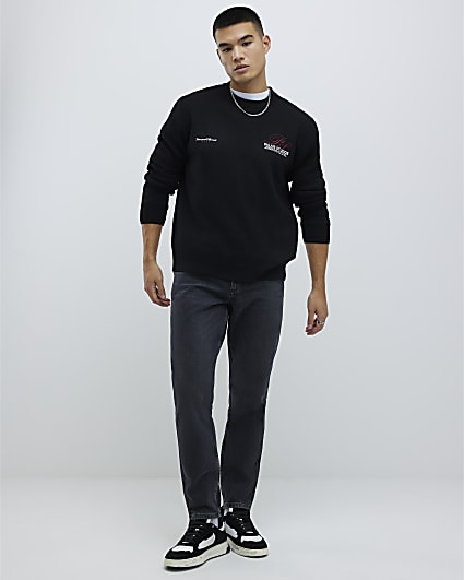 Black Tapered Fit Washed Jeans