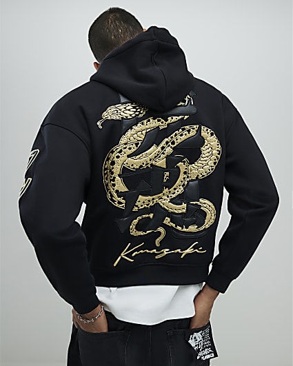 Black Regular Fit Japanese Snake Hoodie