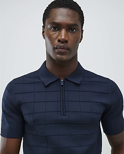 Navy Muscle Fit Grid Textured Polo Shirt