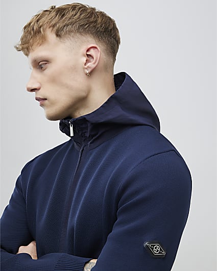 Navy Slim Fit Nylon Zip Knitted Hoodie