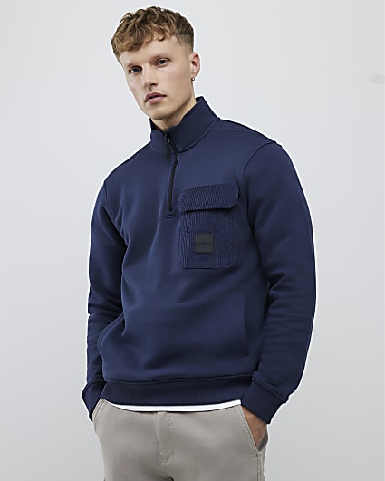 Navy Regular Fit Corduroy Pocket Sweatshirt