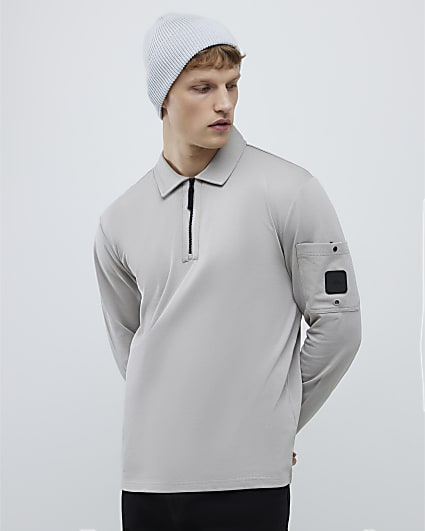 Grey Slim Fit Sleeve Pocket Zipped Polo Shirt
