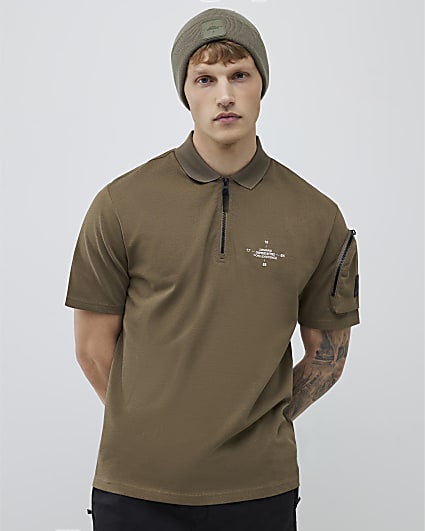 Khaki Regular Fit Arm Badge Pocket Polo Shirt