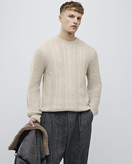 Cream Slim Fit Cable Knit Jumper