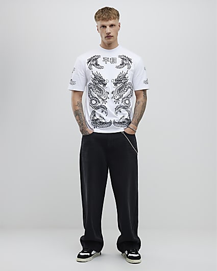 White Oversized Fit Ying Yang Dragons T-Shirt