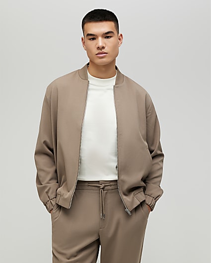 Beige Slim Fit Bomber Jacket