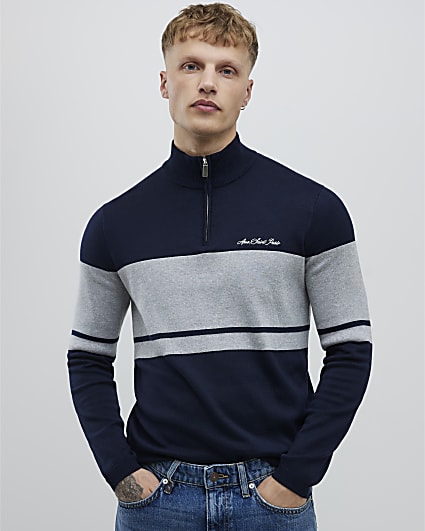 Navy Slim Fit Colour Block Half Zip Jumper