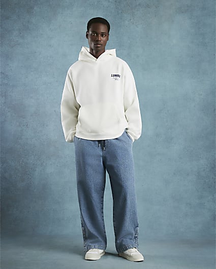 Blue Baggy Fit Popper Split Hem Denim Joggers