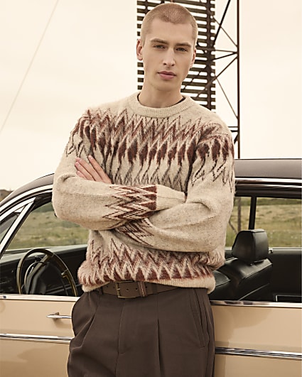 Beige Regular Fit Fairisle Jumper