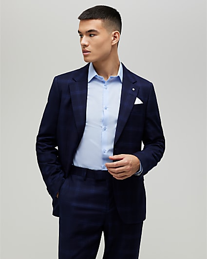 Navy Slim Fit Check Suit Jacket
