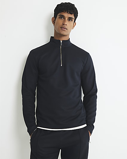 Navy Slim Fit Half Zip Funnel Sweatshirt