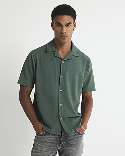 Green Slim Fit Textured Revere Shirt