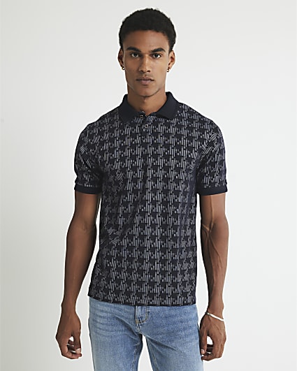 Navy Slim Fit Houndstooth Polo Shirt