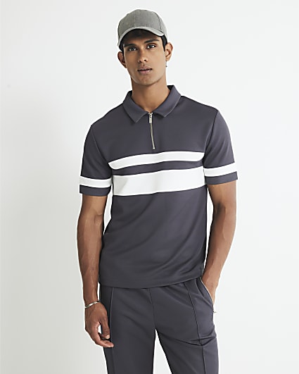 Grey Slim Fit Pique Colour Blocked Polo Shirt