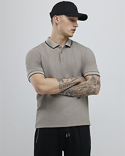 Beige Slim Fit Textured Polo Shirt