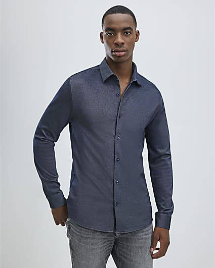 Navy Muscle Fit Pique Textured Shirt