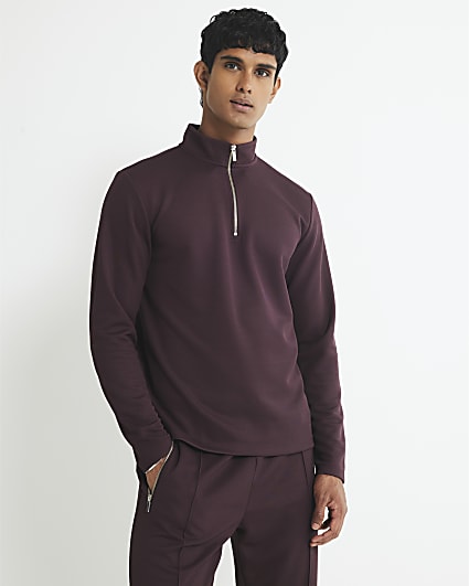 Red Slim Fit Pique Half Zip Funnel Sweatshirt