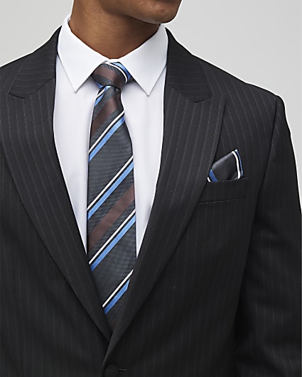 Navy Stripe Handkerchief And Tie Set