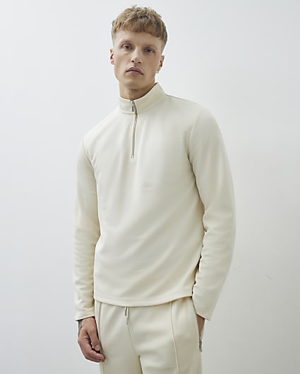 Cream Slim Fit Half Zip Funnel Sweatshirt