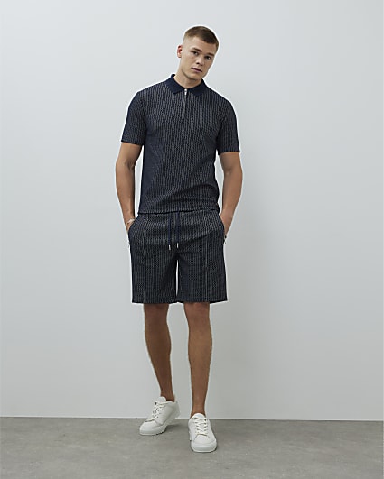 Navy Slim Fit Stitched Stripe Shorts