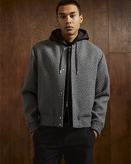 Grey Textured Wool Bomber Jacket