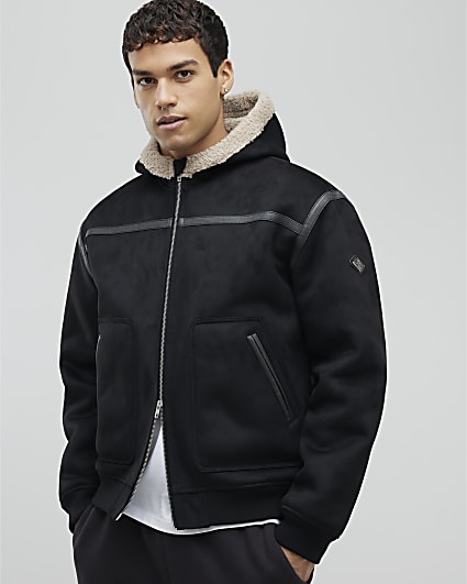 Black Hooded Faux Shearling Bomber Jacket