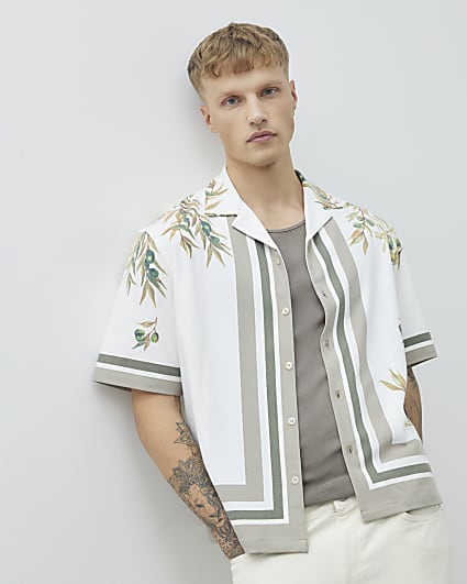 White Regular Fit Olive Print Striped Shirt