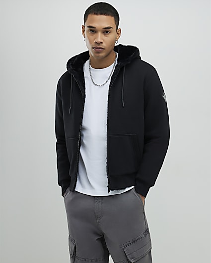 Black Regular Fit Faux Fur Lined Hoodie