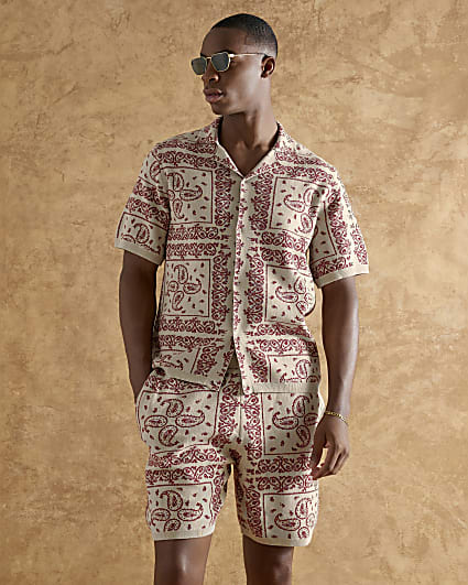 Red Paisley Knitted Short Sleeve Revere Shirt