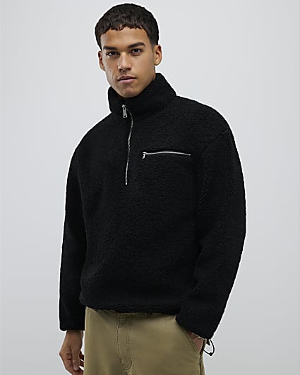 Black Oversized Half Zip Fleece Sweatshirt