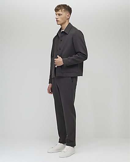 Grey Slim Fit Striped Smart Trousers