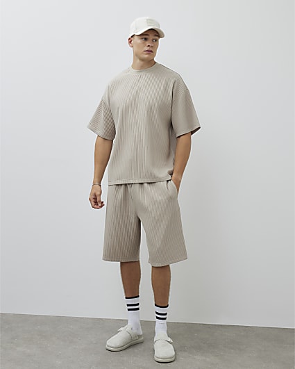 Beige Oversized Fit Plisse Shorts