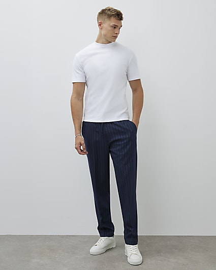 Navy Slim Fit Pinstripe Pull On Trousers