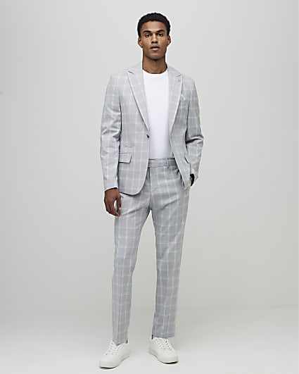 Grey Slim Fit Check Suit Trousers
