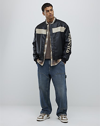 Black Sports Faux Leather Bomber Jacket